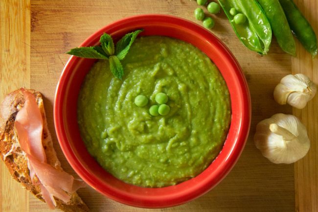 Bright green pea soup